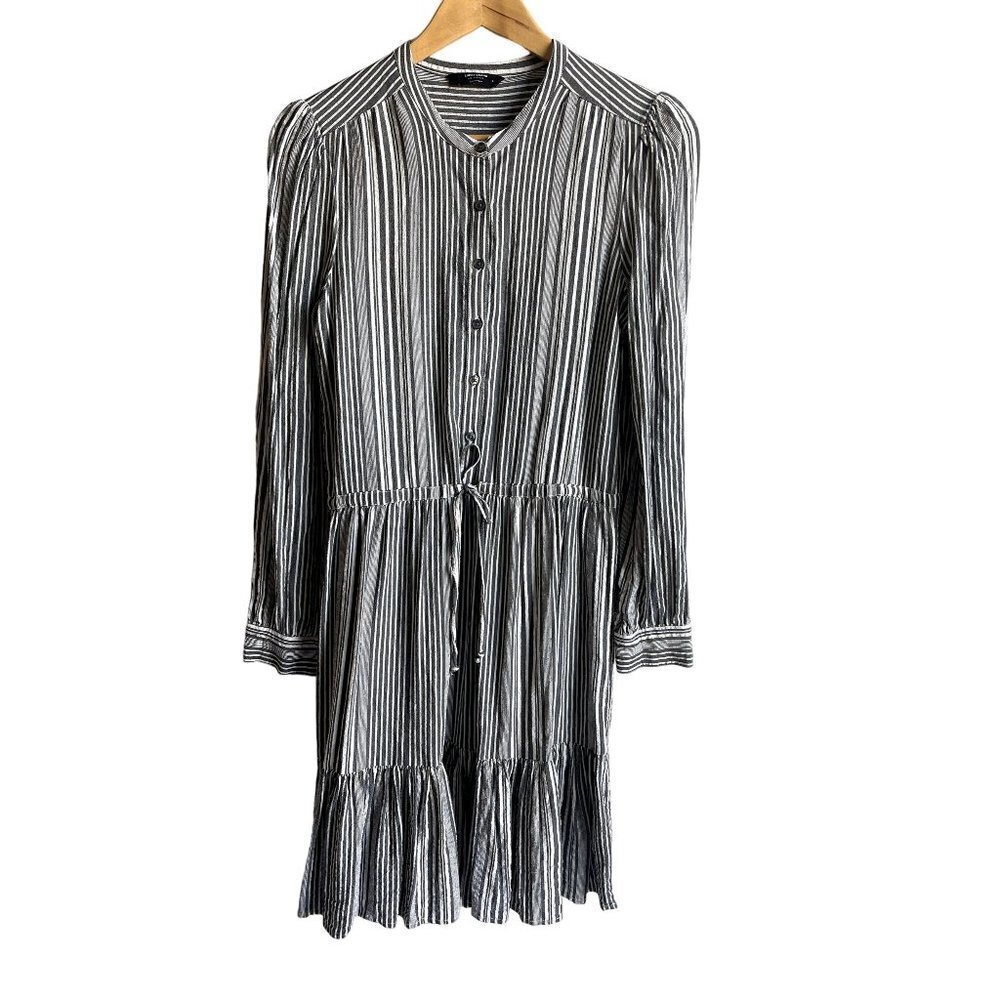 Lucky Brand Size Small Gray White Tie Waist Knee Length Dress Long Sleeve Linen